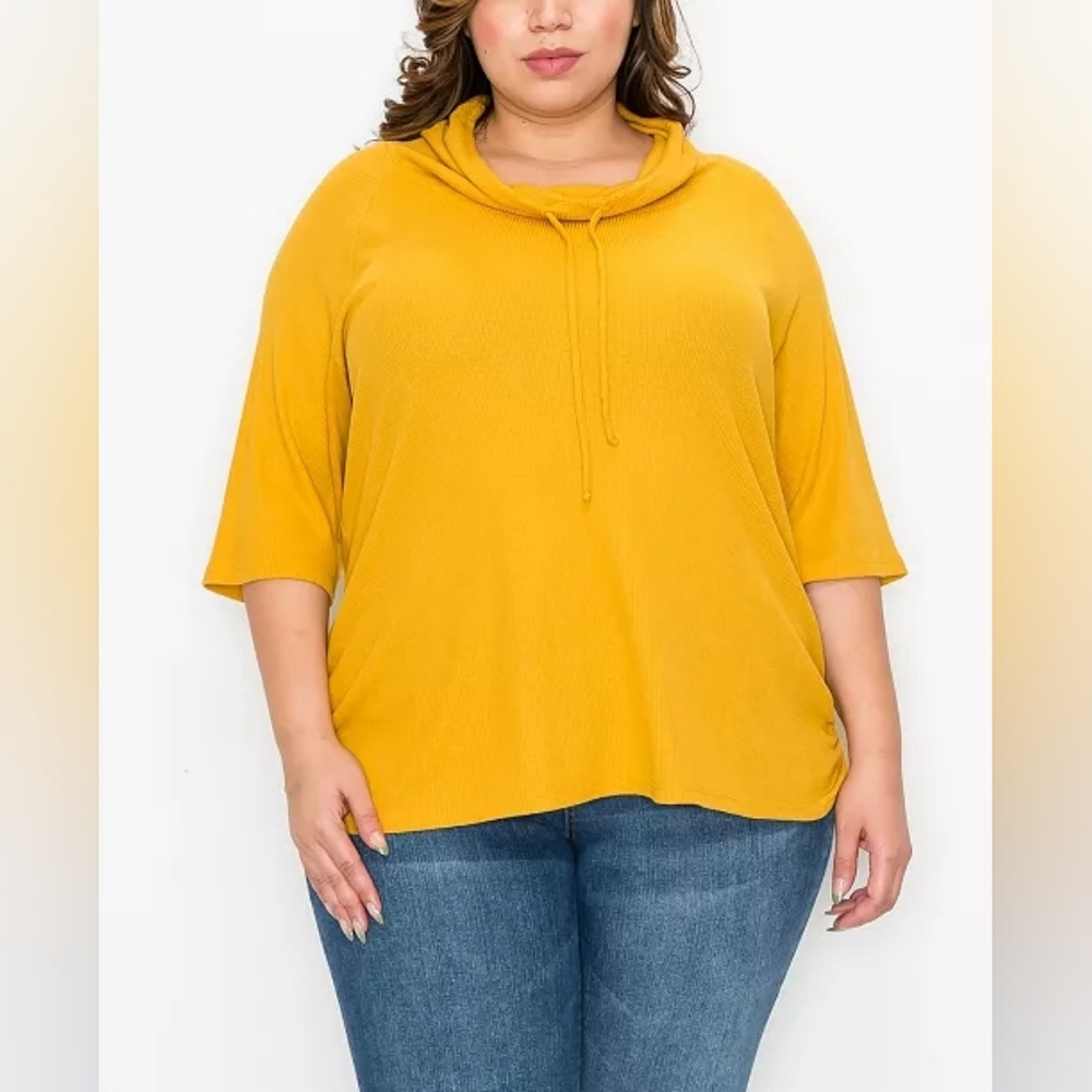 NWT COIN 1804 Mustard Yellow Baby Thermal Cowl Neck Side Ruched Top Plus Size 3x